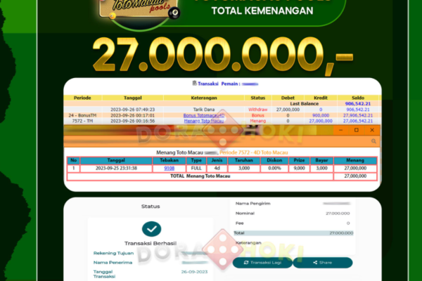 BUKTI JP TOGEL TOTOMACAU Rp.27.000.000