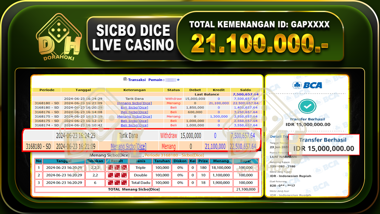 SICBO DICE Rp.21.100.000