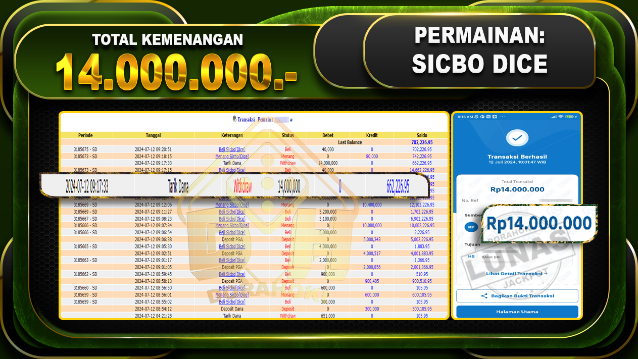 SICBO DICE Rp.14.000.000