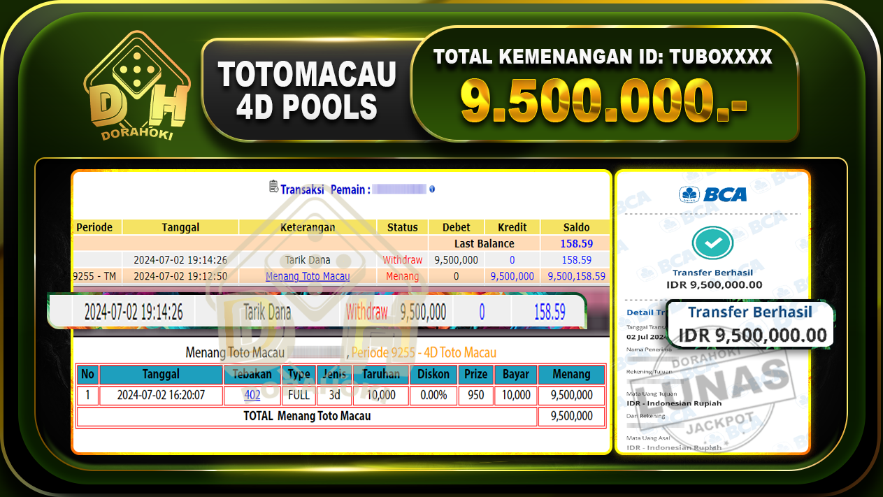 TOGEL TOTOMACAU 4D Rp.9.500.000