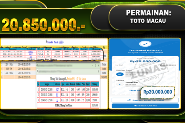 TOGEL TOTOMACAU Rp.20.850.000