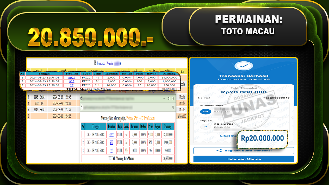 TOGEL TOTOMACAU Rp.20.850.000