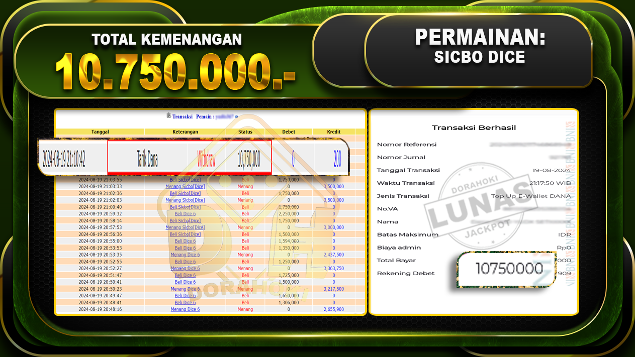 SICBO DICE Rp 10.750.000