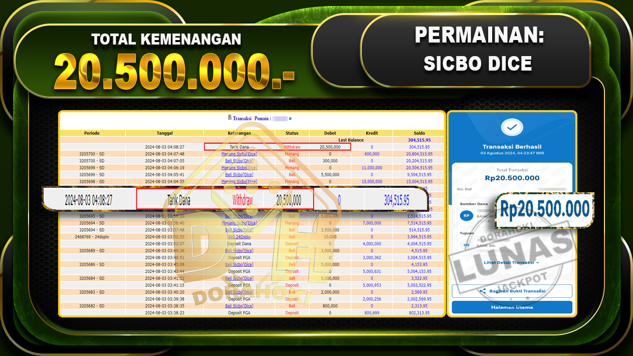 SICBO DICE Rp.20.500.000