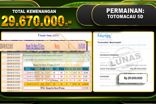 TOGEL TOTOMACAU 5D Rp 29.670.000