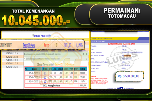 TOGEL TOTOMACAU Rp 10.045.000