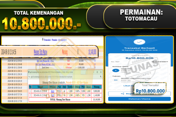 TOGEL TOTOMACAU Rp 10.800.000