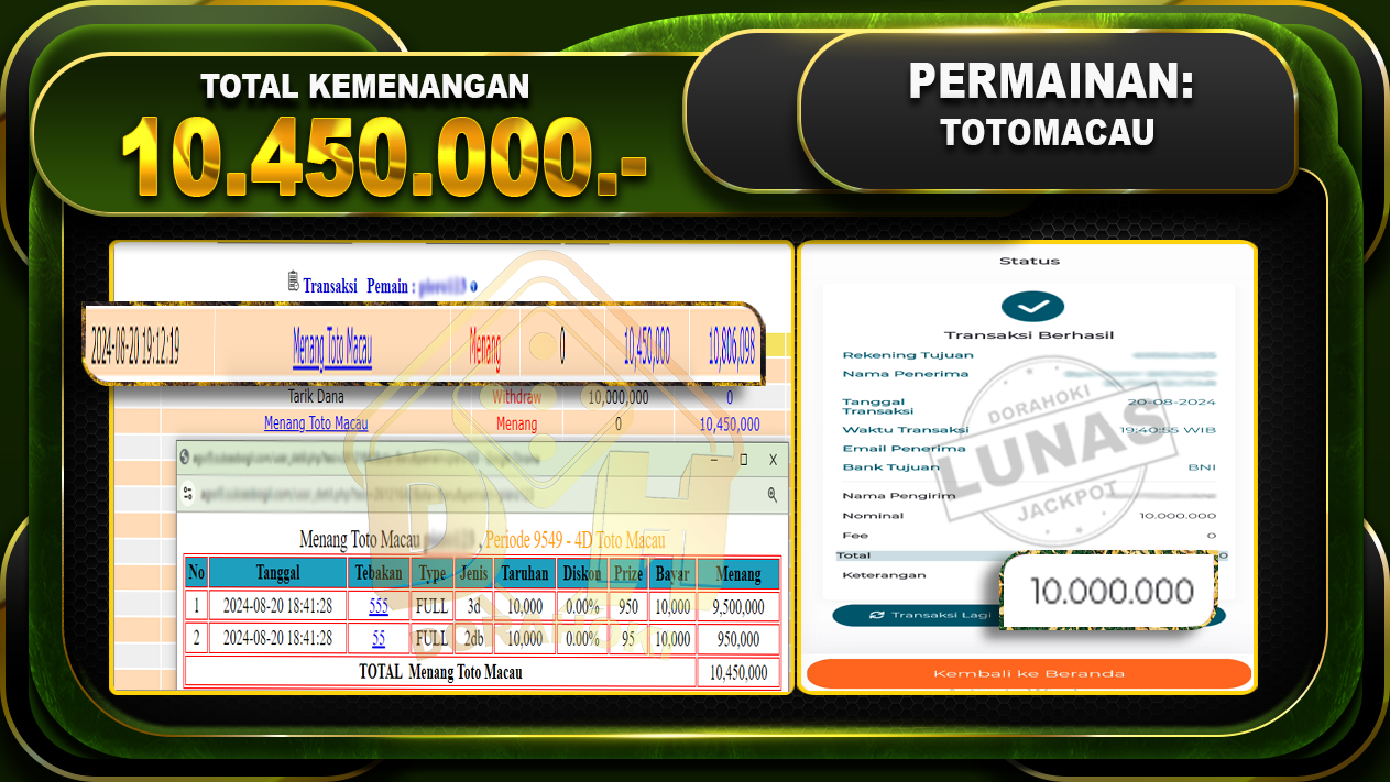 TOGEL TOTOMACAU Rp.10.450.000