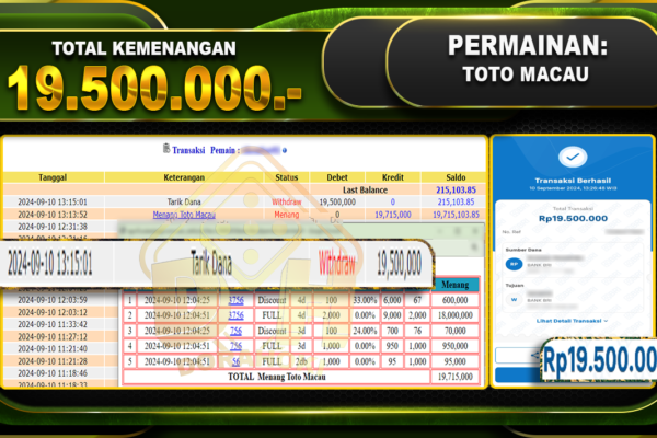 TOGEL TOTOMACAU Rp 19.500.000