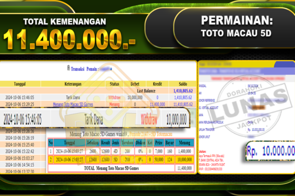 TOGEL TOTOMACAU 5D Rp.11.400.000