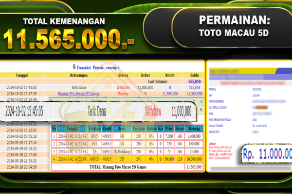 TOGEL TOTOMACAU 5D Rp.11.565.000