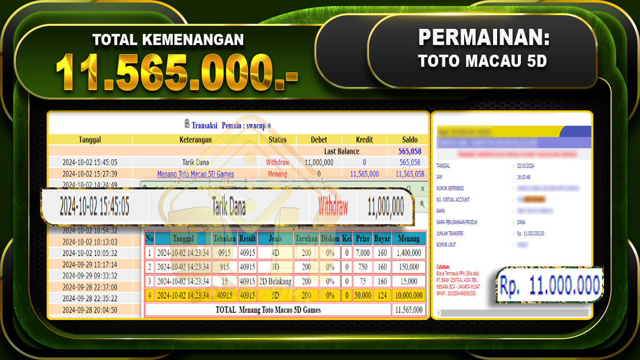 TOGEL TOTOMACAU 5D Rp.11.565.000