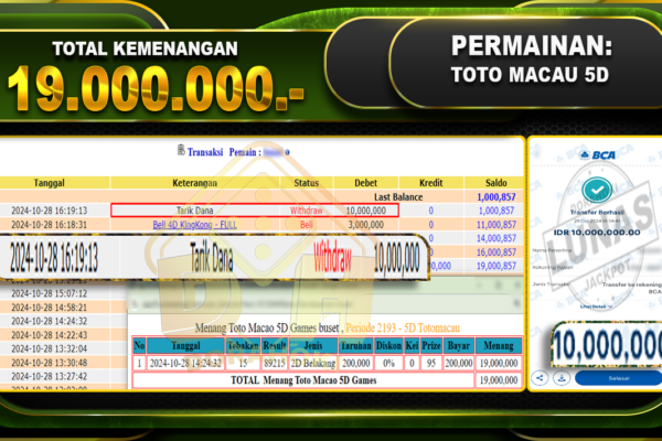 TOGEL Toto Macau 5D Rp.19.000.000