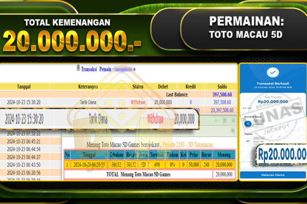 TOGEL Toto Macau 5D Rp.20.000.000