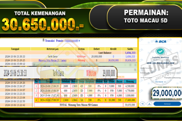 TOGEL TOTOMACAU 5D Rp.30.650.000