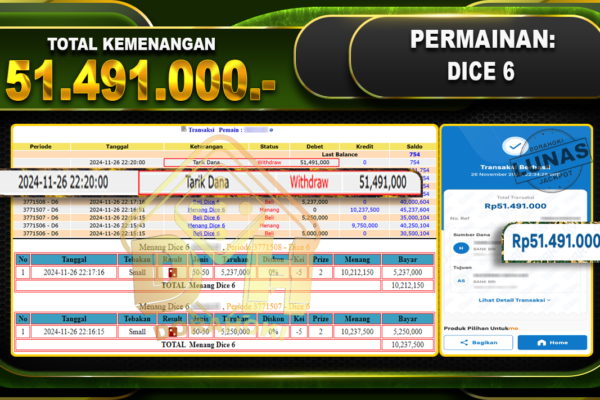 SICBO DICE 6 Rp.51.491.000