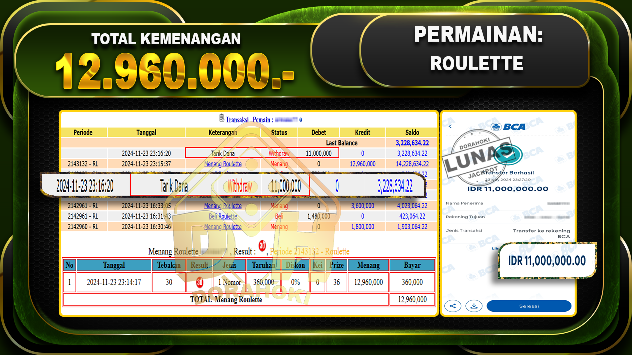 BUKTI JP ROULETTE Rp.12.960.000.-