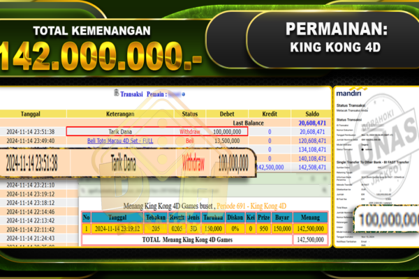 TOGEL KING KONG 4D Rp.142.500.000