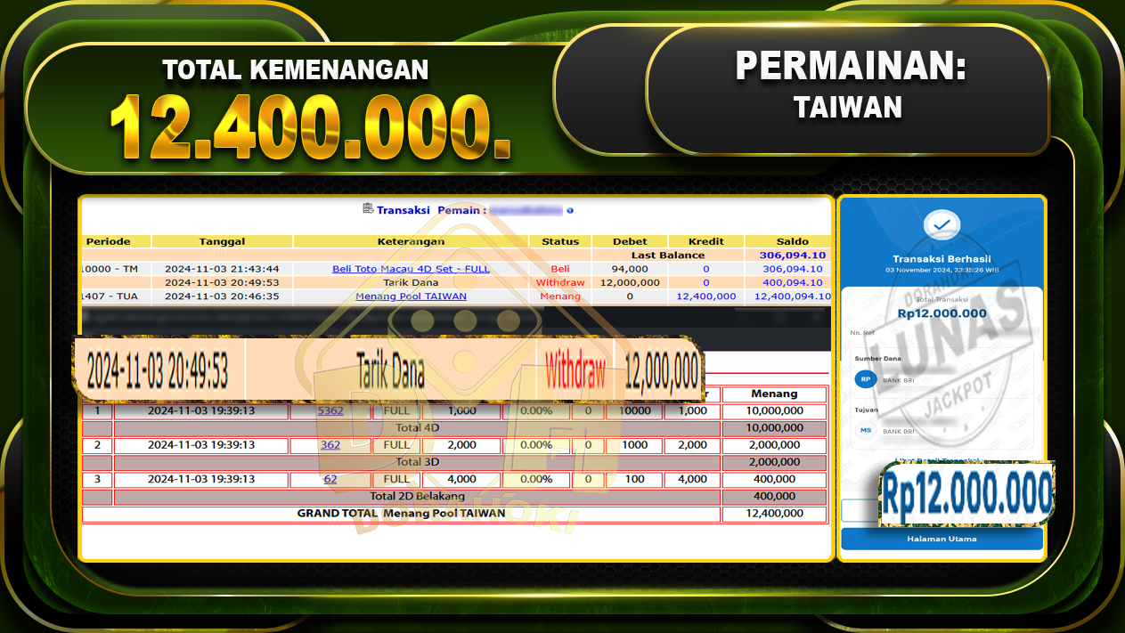 TOGEL TAIWAN Rp.12.400.000