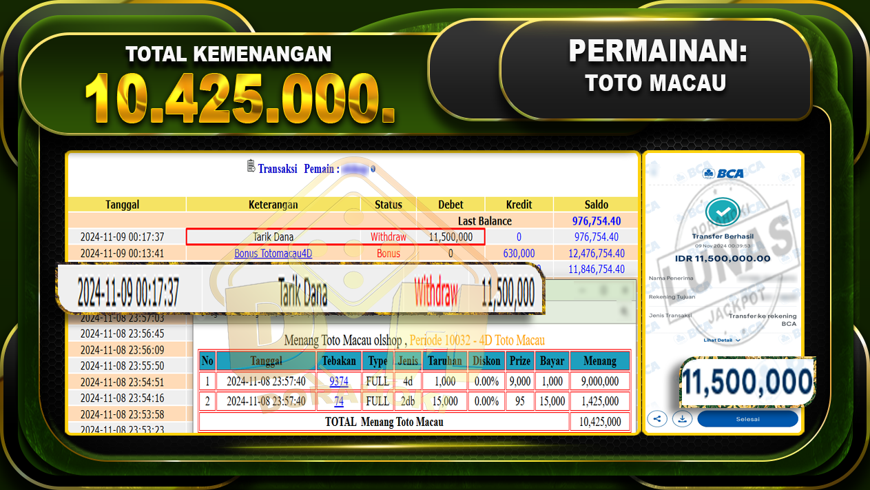 TOGEL TOTOMACAU Rp.10.425.000