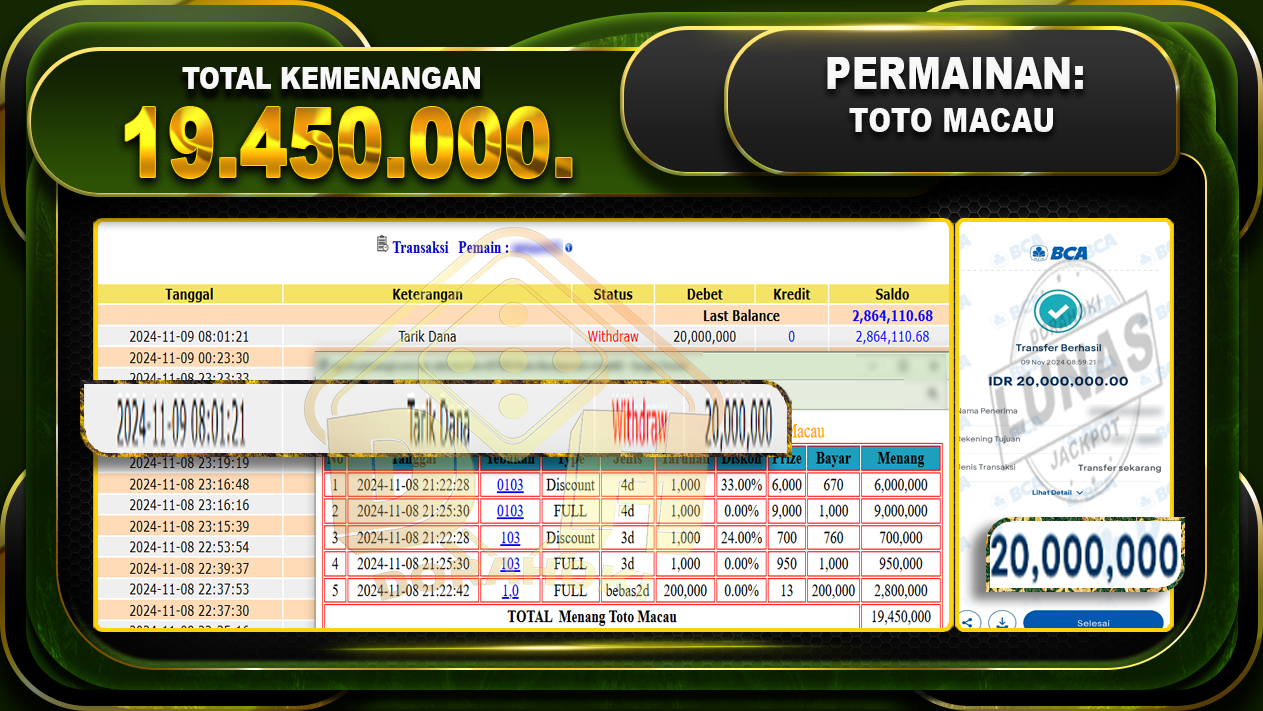 TOGEL TOTOMACAU Rp.19.450.000