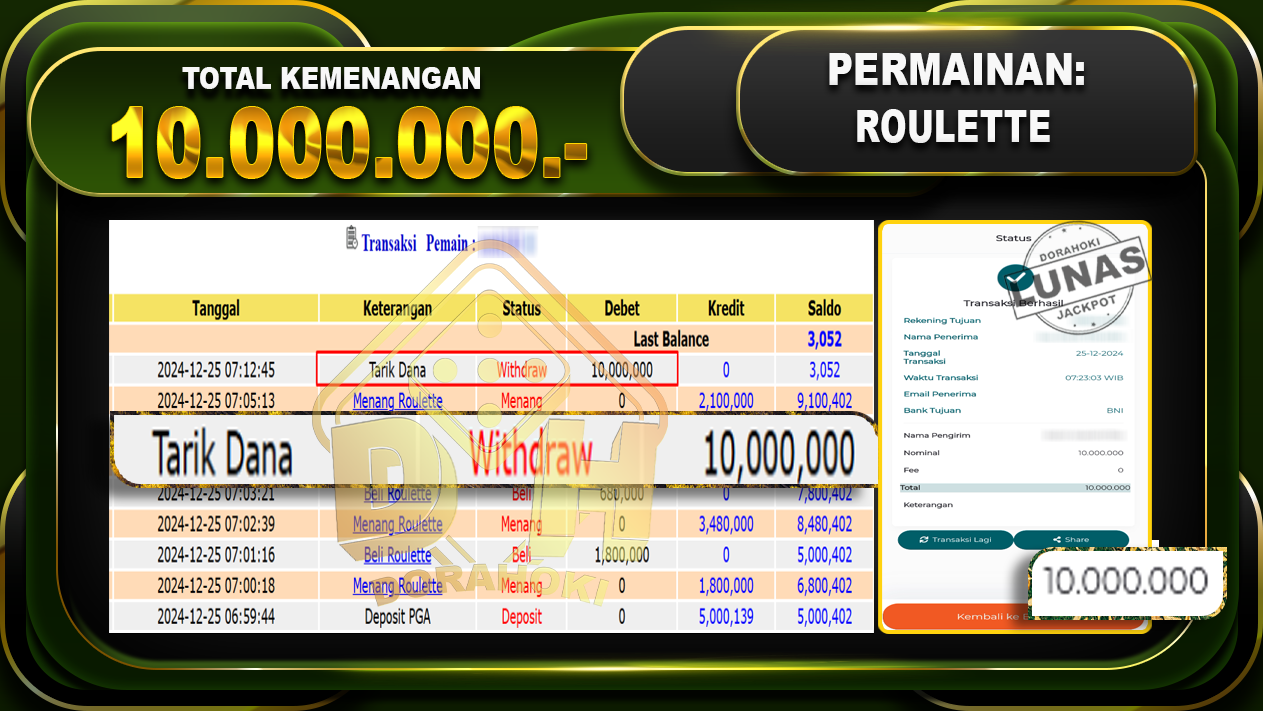 bukti jp ROULETTE RP 10.000.000