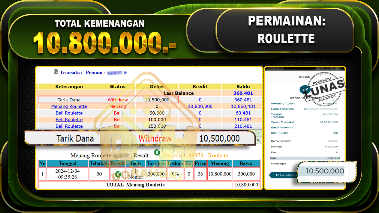 BUKTI JP ROULETTE Rp.10.800.000