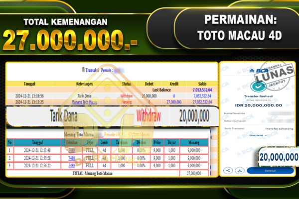 TOTO MACAU 4D RP 27.000.000