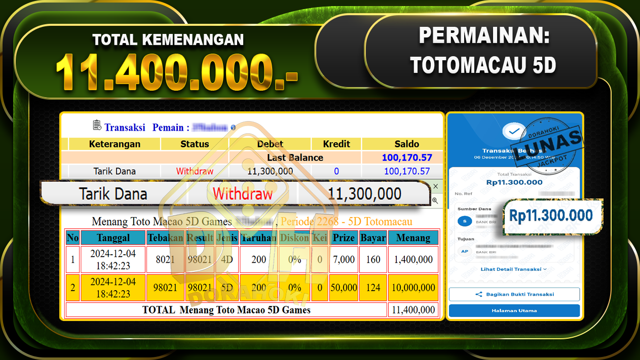 TOTOMACAU 5D Rp.11.400.000