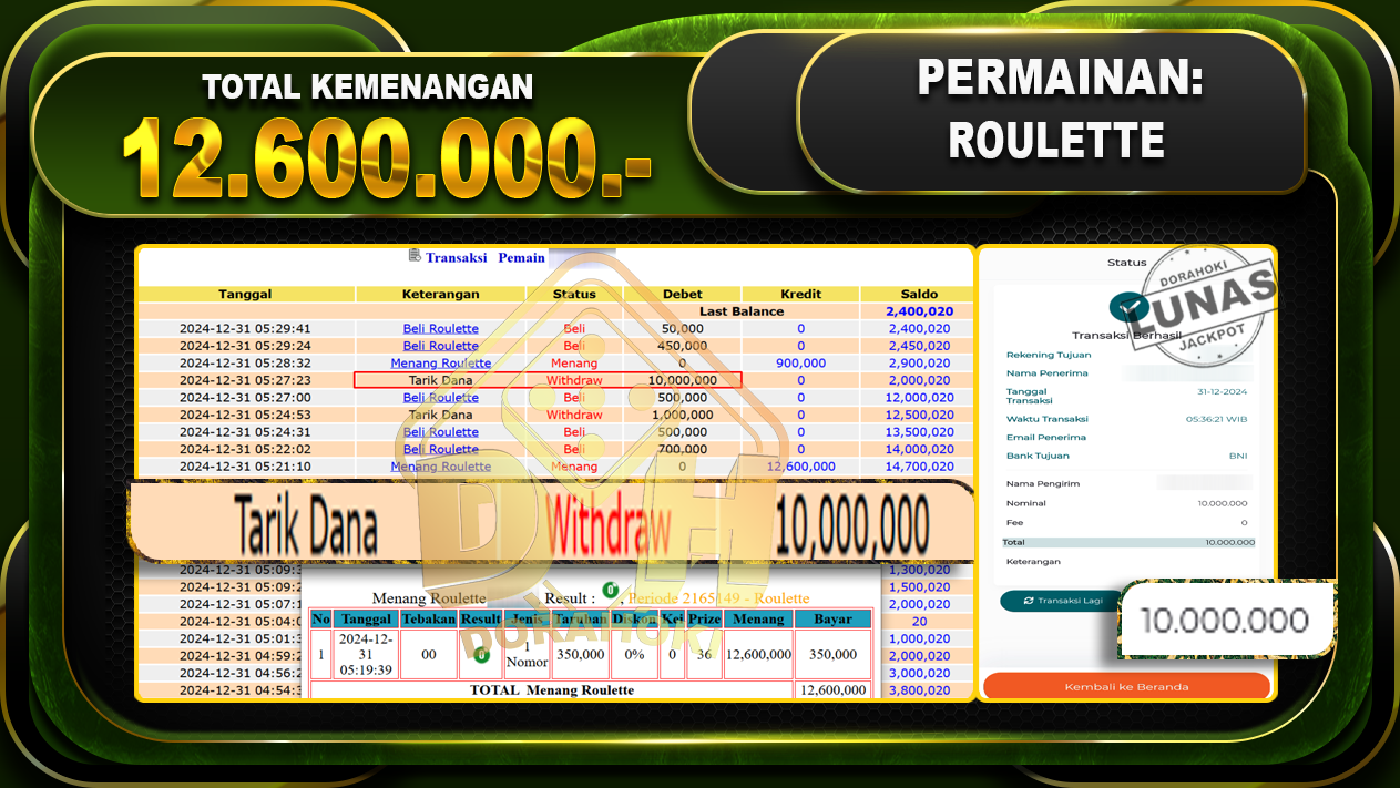 BUKTI JP ROULETTE RP 12.600.000